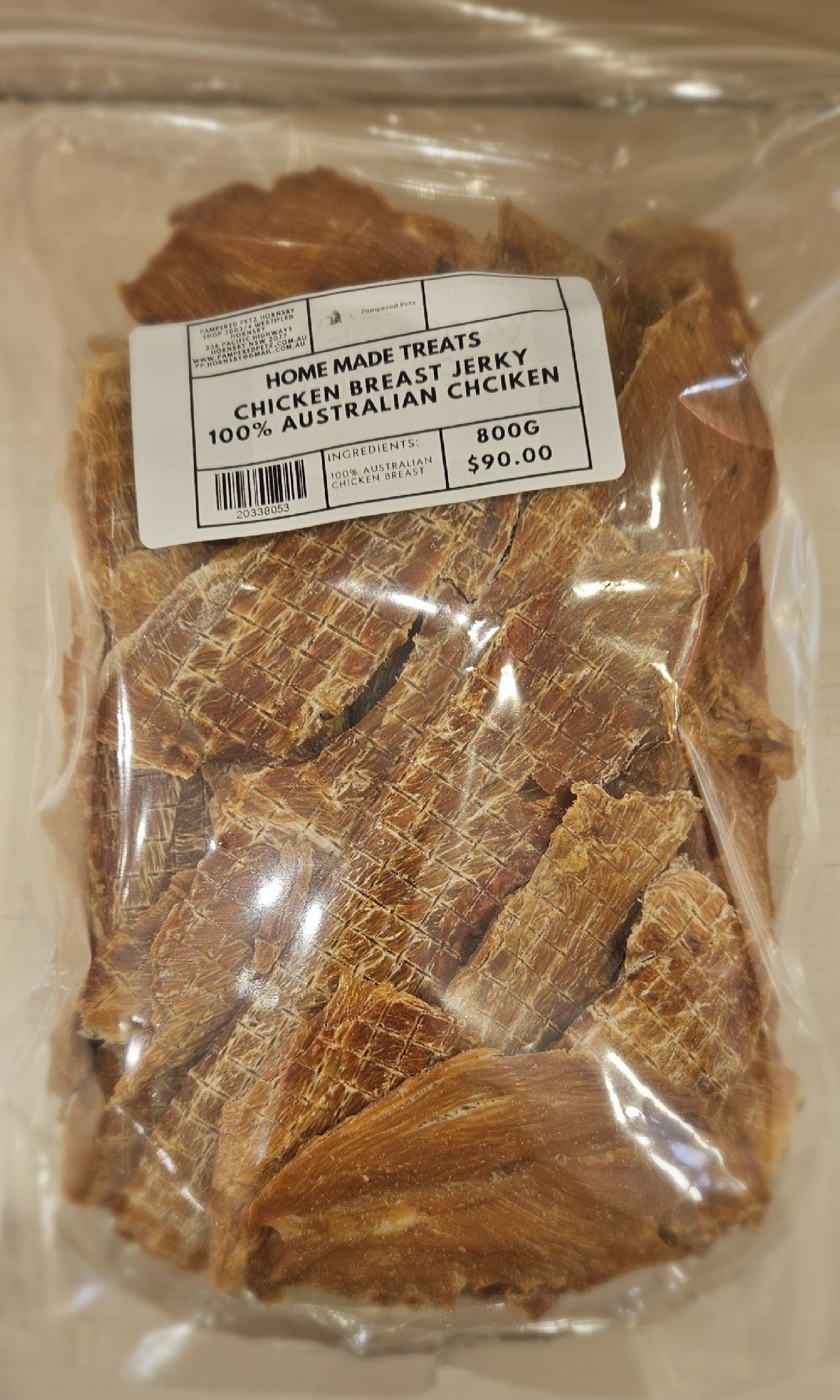 PAMPERED PETZ HORNSBY HOME MADE TREATS CHICKEN BREAST JERKY 800G