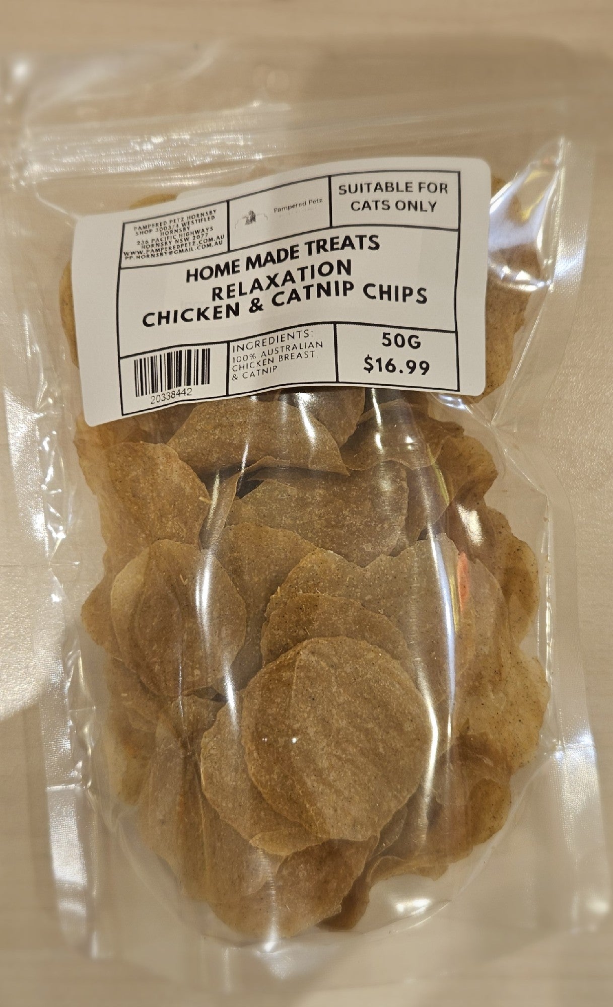 PAMPERED PETZ HORNSBY HOME MADE TREATS RELAXATION CATNIP AND CHICKEN CHIPS 50G