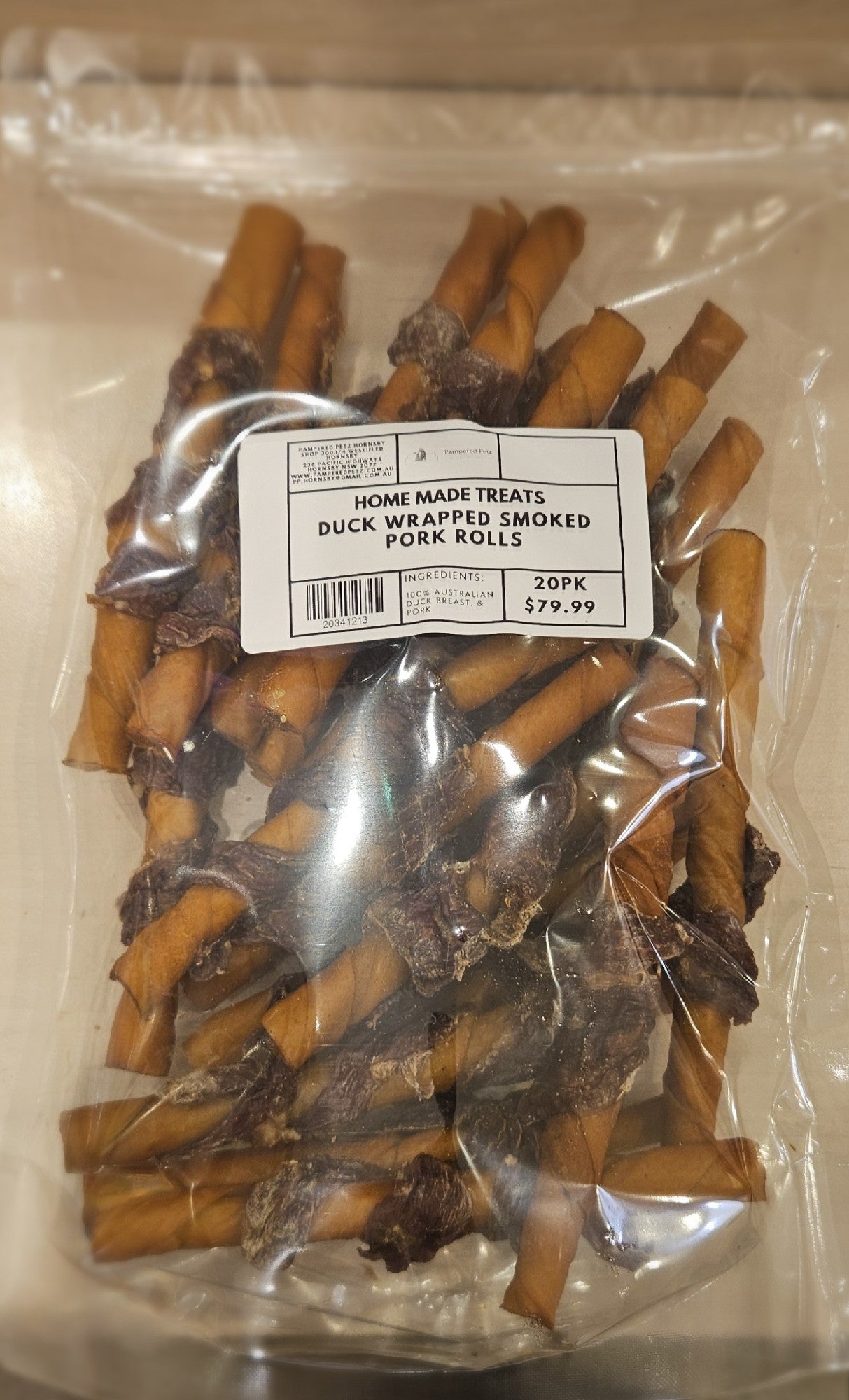 PAMPERED PETZ HORNSBY HOME MADE TREATS DUCK WRAPPED PORK ROLLS 20PK